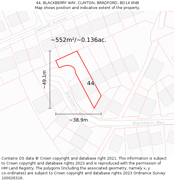 44, BLACKBERRY WAY, CLAYTON, BRADFORD, BD14 6NB: Plot and title map