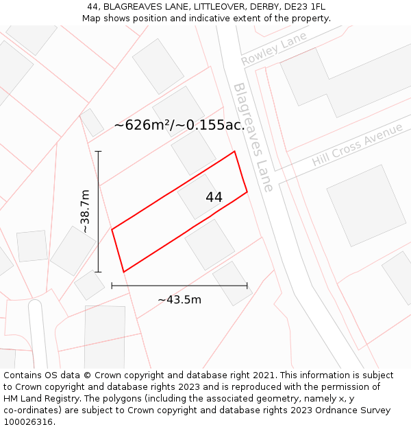 44, BLAGREAVES LANE, LITTLEOVER, DERBY, DE23 1FL: Plot and title map