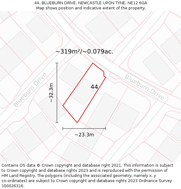 44, BLUEBURN DRIVE, NEWCASTLE UPON TYNE, NE12 6GA: Plot and title map