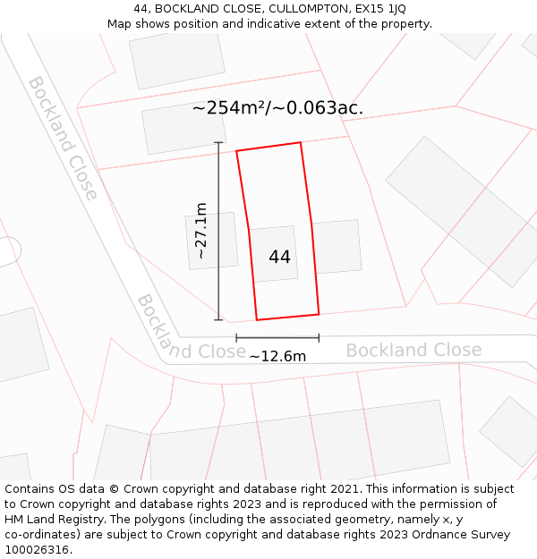 44, BOCKLAND CLOSE, CULLOMPTON, EX15 1JQ: Plot and title map
