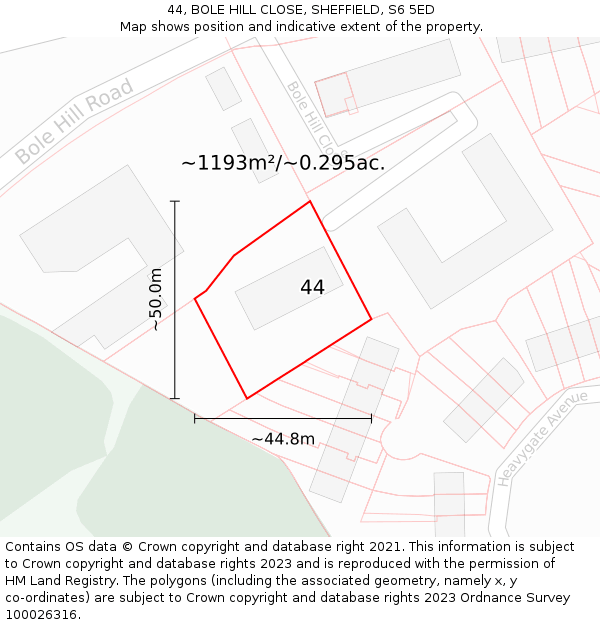 44, BOLE HILL CLOSE, SHEFFIELD, S6 5ED: Plot and title map