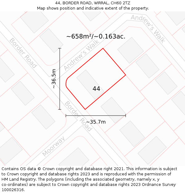 44, BORDER ROAD, WIRRAL, CH60 2TZ: Plot and title map