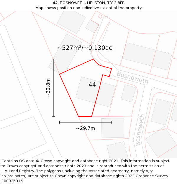 44, BOSNOWETH, HELSTON, TR13 8FR: Plot and title map