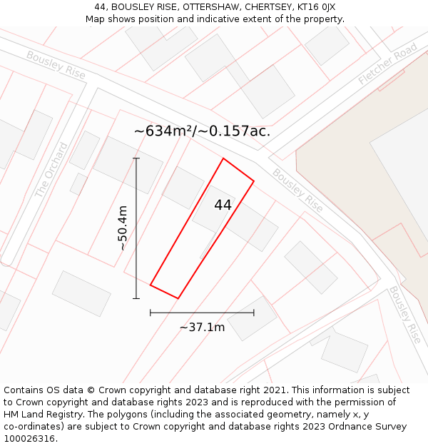 44, BOUSLEY RISE, OTTERSHAW, CHERTSEY, KT16 0JX: Plot and title map