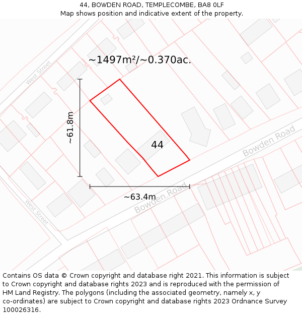 44, BOWDEN ROAD, TEMPLECOMBE, BA8 0LF: Plot and title map