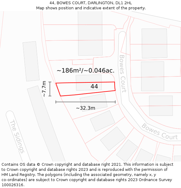 44, BOWES COURT, DARLINGTON, DL1 2HL: Plot and title map