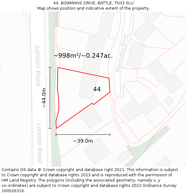 44, BOWMANS DRIVE, BATTLE, TN33 0LU: Plot and title map