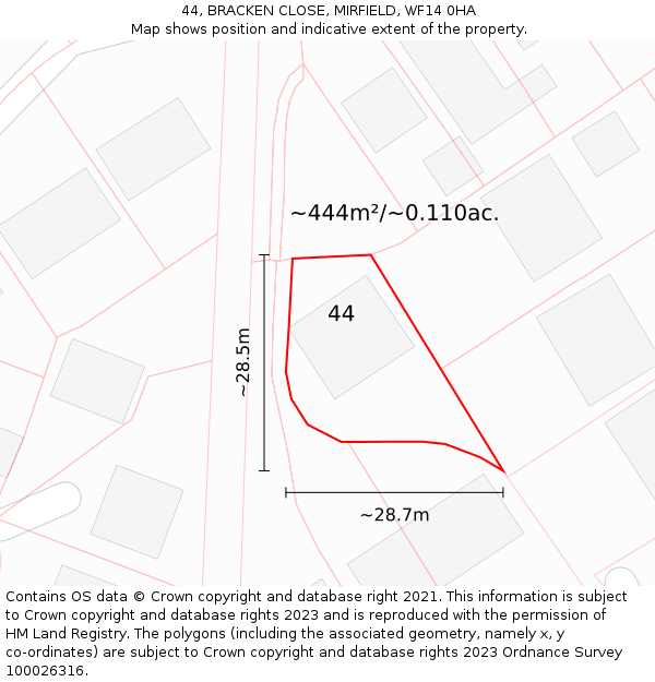 44, BRACKEN CLOSE, MIRFIELD, WF14 0HA: Plot and title map