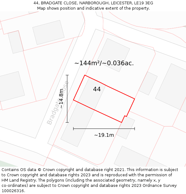 44, BRADGATE CLOSE, NARBOROUGH, LEICESTER, LE19 3EG: Plot and title map