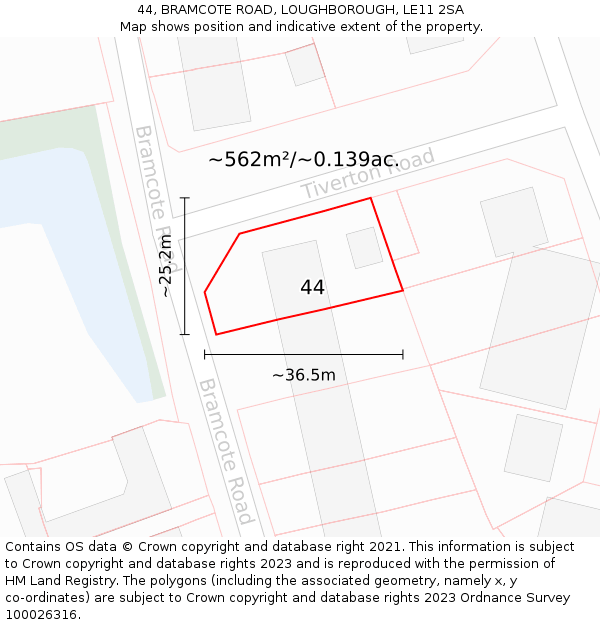 44, BRAMCOTE ROAD, LOUGHBOROUGH, LE11 2SA: Plot and title map