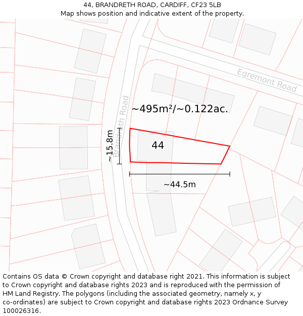 44, BRANDRETH ROAD, CARDIFF, CF23 5LB: Plot and title map