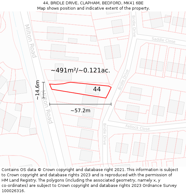 44, BRIDLE DRIVE, CLAPHAM, BEDFORD, MK41 6BE: Plot and title map