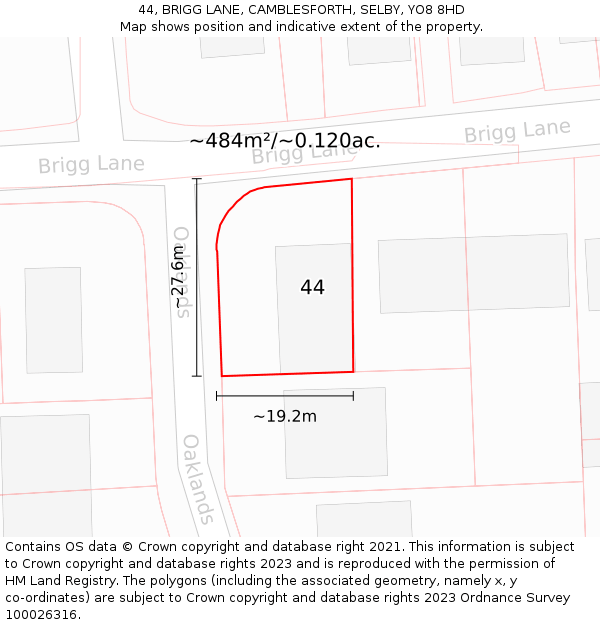 44, BRIGG LANE, CAMBLESFORTH, SELBY, YO8 8HD: Plot and title map