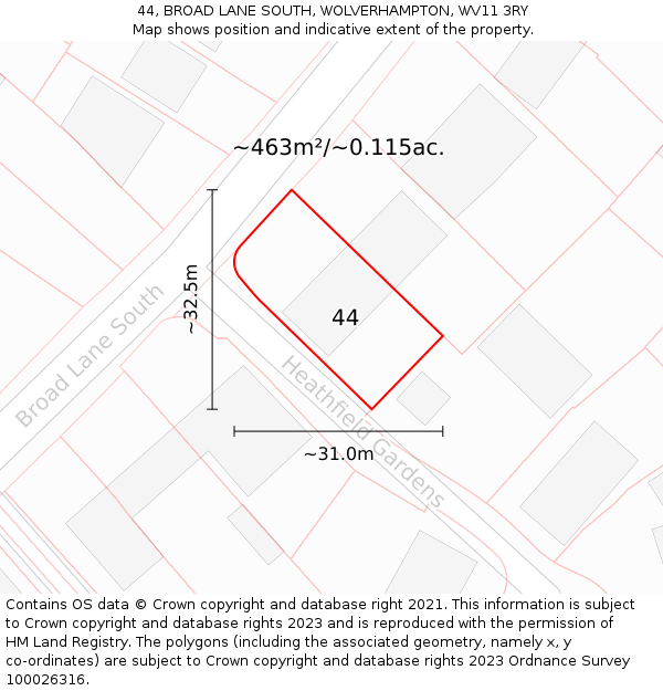 44, BROAD LANE SOUTH, WOLVERHAMPTON, WV11 3RY: Plot and title map