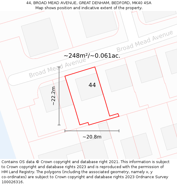 44, BROAD MEAD AVENUE, GREAT DENHAM, BEDFORD, MK40 4SA: Plot and title map