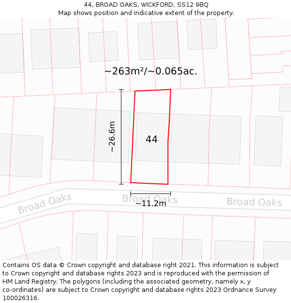 44, BROAD OAKS, WICKFORD, SS12 9BQ: Plot and title map