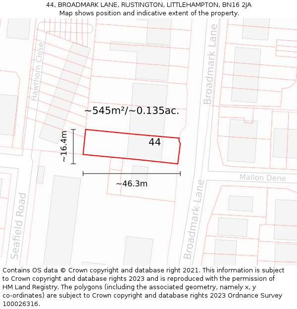 44, BROADMARK LANE, RUSTINGTON, LITTLEHAMPTON, BN16 2JA: Plot and title map