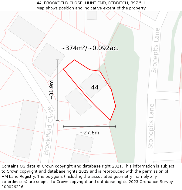 44, BROOKFIELD CLOSE, HUNT END, REDDITCH, B97 5LL: Plot and title map