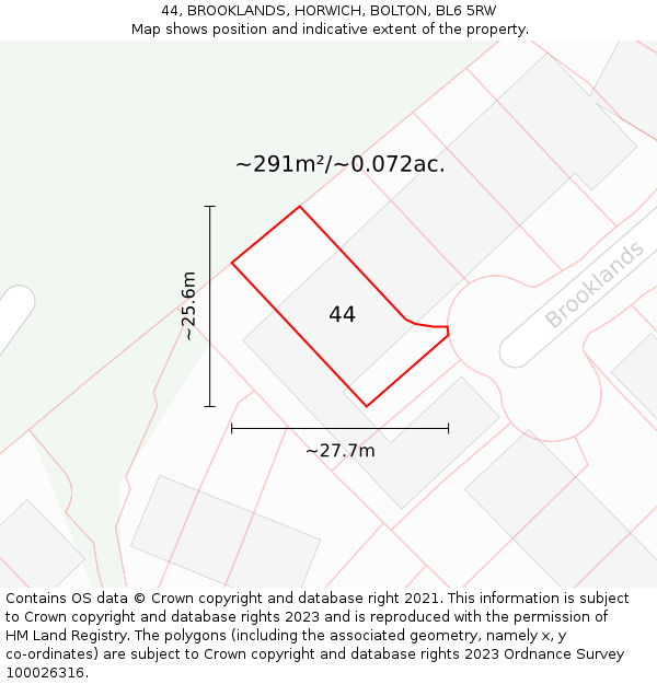 44, BROOKLANDS, HORWICH, BOLTON, BL6 5RW: Plot and title map