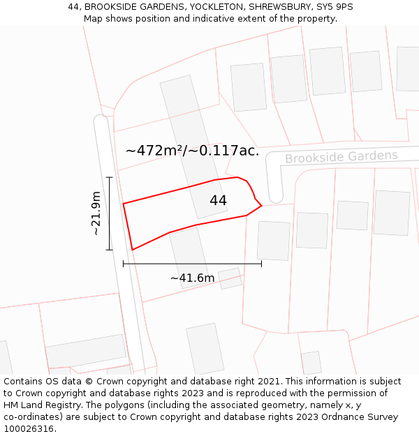 44, BROOKSIDE GARDENS, YOCKLETON, SHREWSBURY, SY5 9PS: Plot and title map