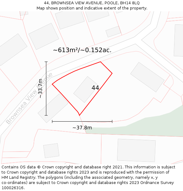44, BROWNSEA VIEW AVENUE, POOLE, BH14 8LQ: Plot and title map