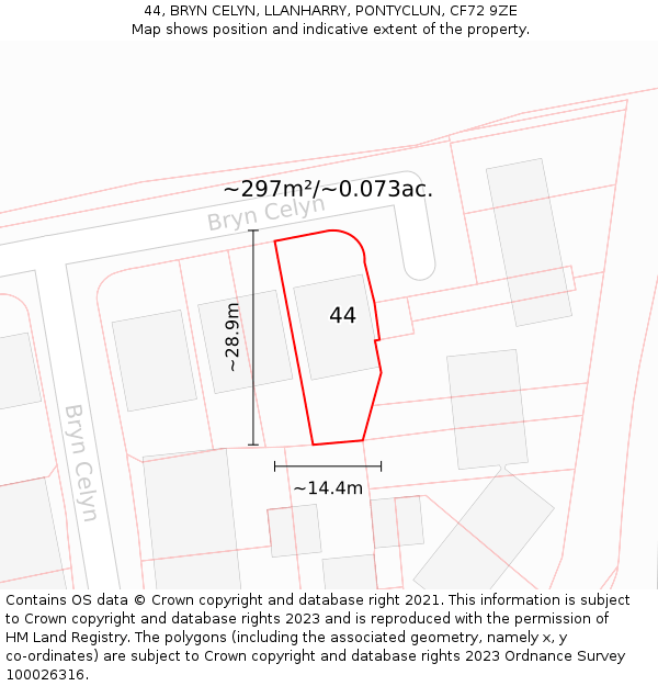 44, BRYN CELYN, LLANHARRY, PONTYCLUN, CF72 9ZE: Plot and title map