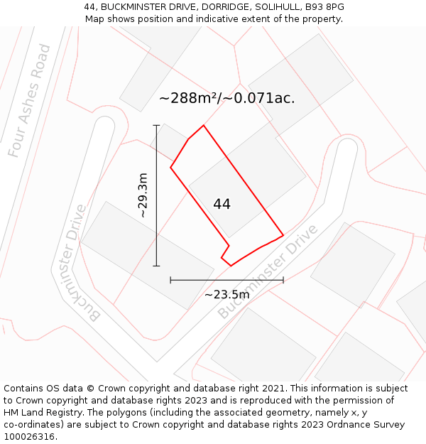 44, BUCKMINSTER DRIVE, DORRIDGE, SOLIHULL, B93 8PG: Plot and title map