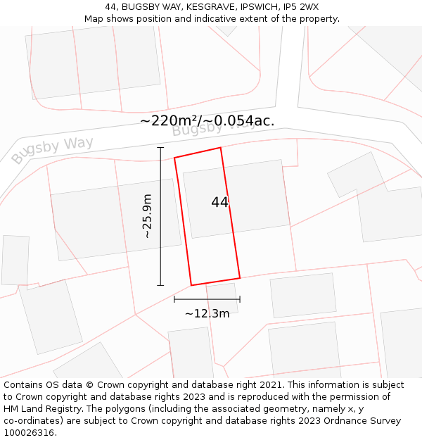 44, BUGSBY WAY, KESGRAVE, IPSWICH, IP5 2WX: Plot and title map