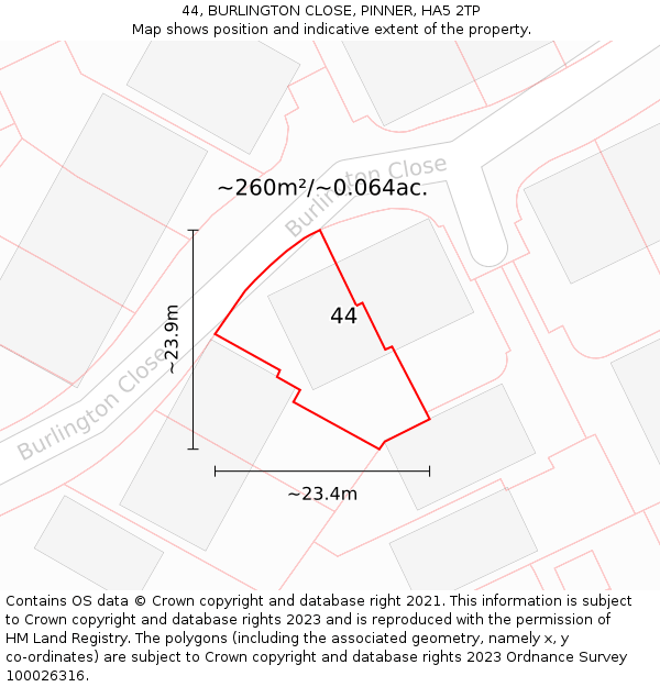 44, BURLINGTON CLOSE, PINNER, HA5 2TP: Plot and title map