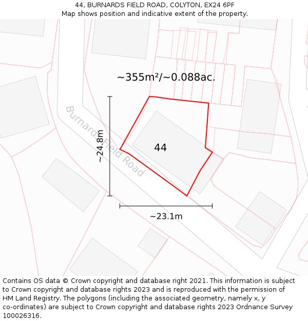 44, BURNARDS FIELD ROAD, COLYTON, EX24 6PF: Plot and title map