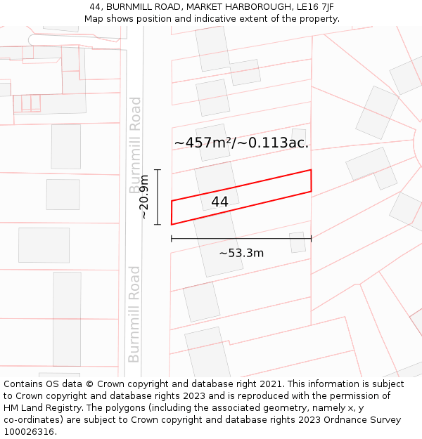 44, BURNMILL ROAD, MARKET HARBOROUGH, LE16 7JF: Plot and title map