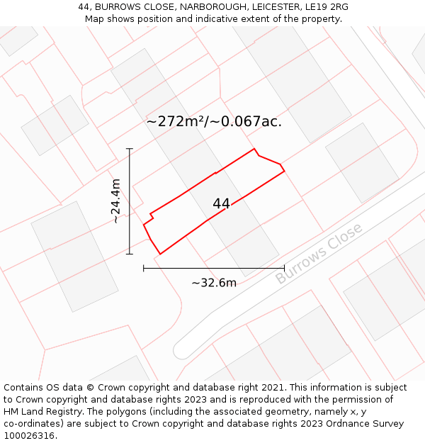 44, BURROWS CLOSE, NARBOROUGH, LEICESTER, LE19 2RG: Plot and title map