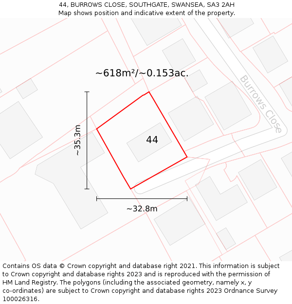 44, BURROWS CLOSE, SOUTHGATE, SWANSEA, SA3 2AH: Plot and title map