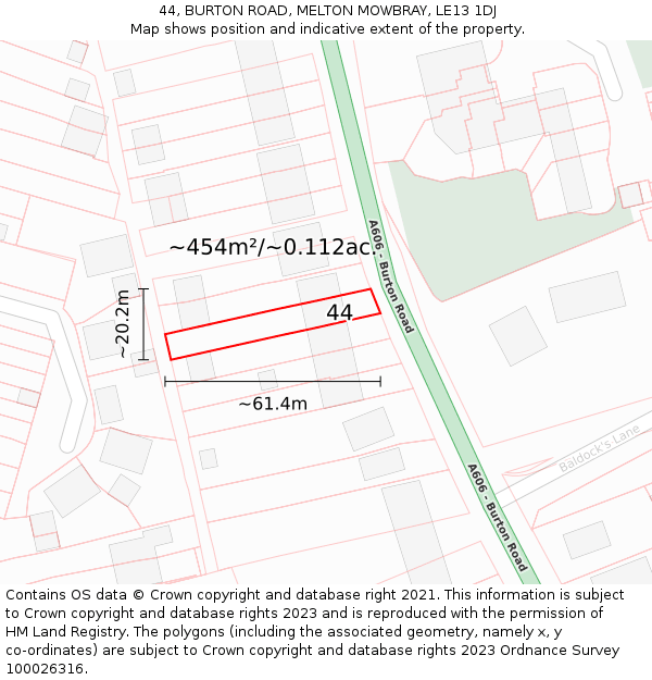 44, BURTON ROAD, MELTON MOWBRAY, LE13 1DJ: Plot and title map