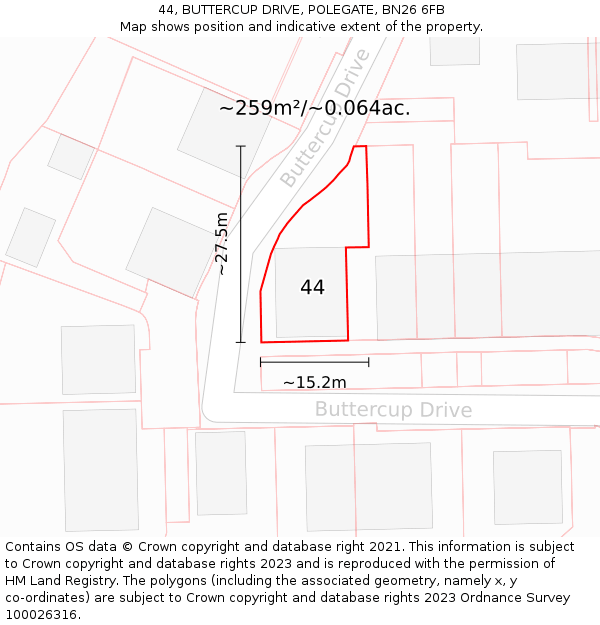 44, BUTTERCUP DRIVE, POLEGATE, BN26 6FB: Plot and title map