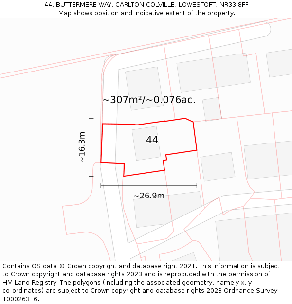 44, BUTTERMERE WAY, CARLTON COLVILLE, LOWESTOFT, NR33 8FF: Plot and title map