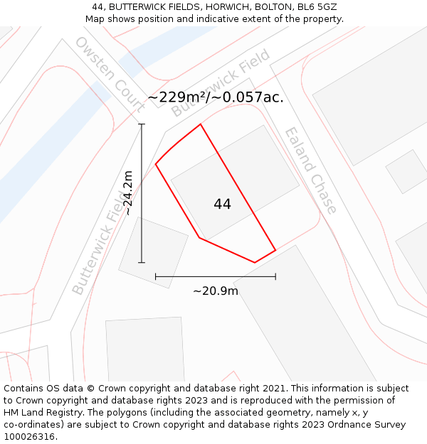 44, BUTTERWICK FIELDS, HORWICH, BOLTON, BL6 5GZ: Plot and title map