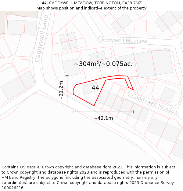 44, CADDYWELL MEADOW, TORRINGTON, EX38 7NZ: Plot and title map