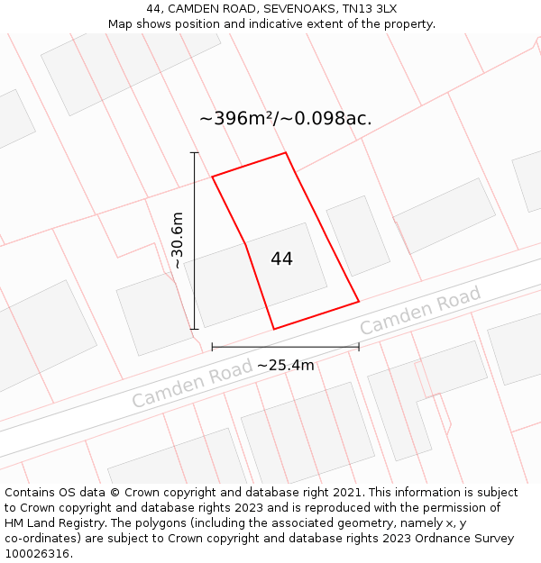 44, CAMDEN ROAD, SEVENOAKS, TN13 3LX: Plot and title map