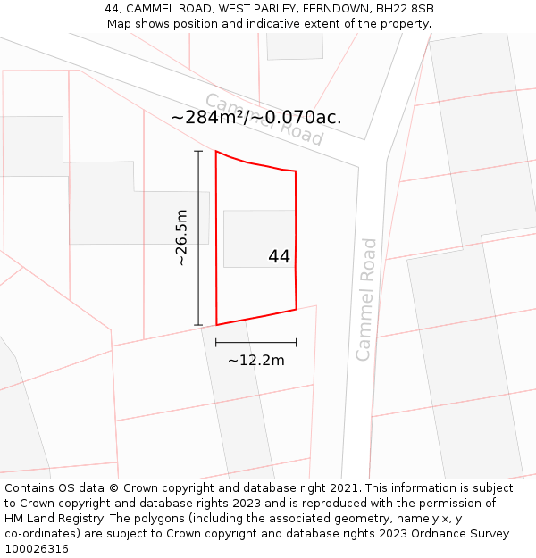 44, CAMMEL ROAD, WEST PARLEY, FERNDOWN, BH22 8SB: Plot and title map