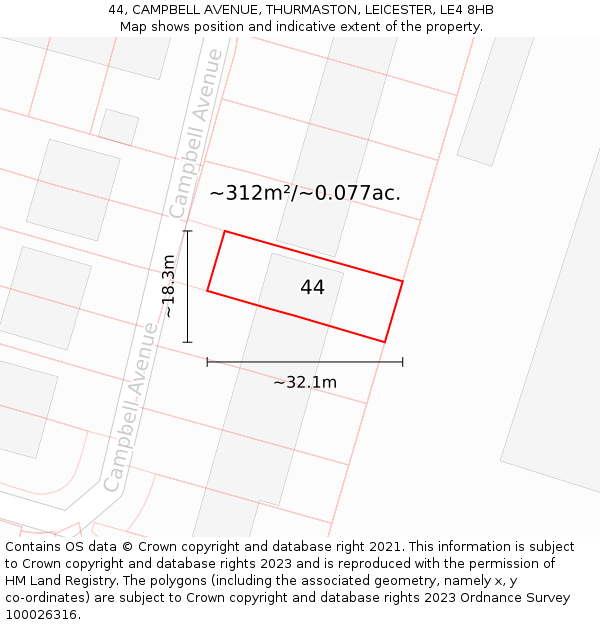 44, CAMPBELL AVENUE, THURMASTON, LEICESTER, LE4 8HB: Plot and title map