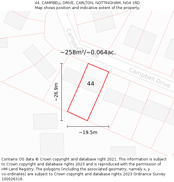 44, CAMPBELL DRIVE, CARLTON, NOTTINGHAM, NG4 1RD: Plot and title map