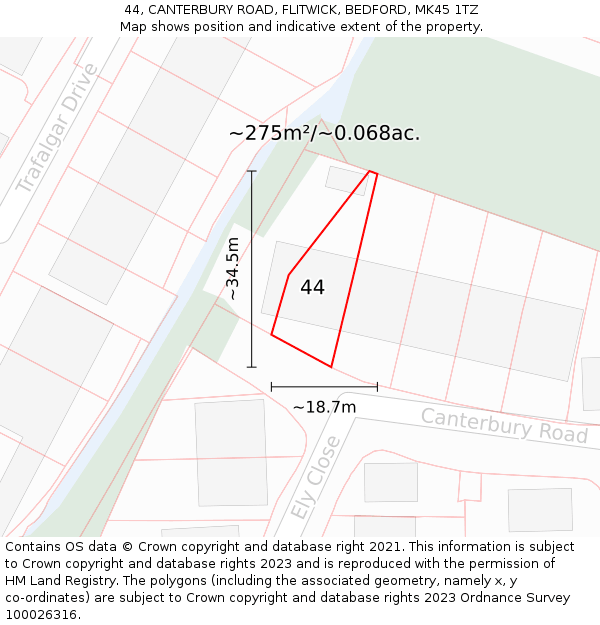 44, CANTERBURY ROAD, FLITWICK, BEDFORD, MK45 1TZ: Plot and title map