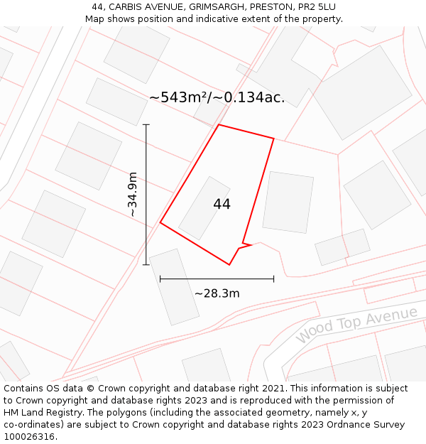 44, CARBIS AVENUE, GRIMSARGH, PRESTON, PR2 5LU: Plot and title map