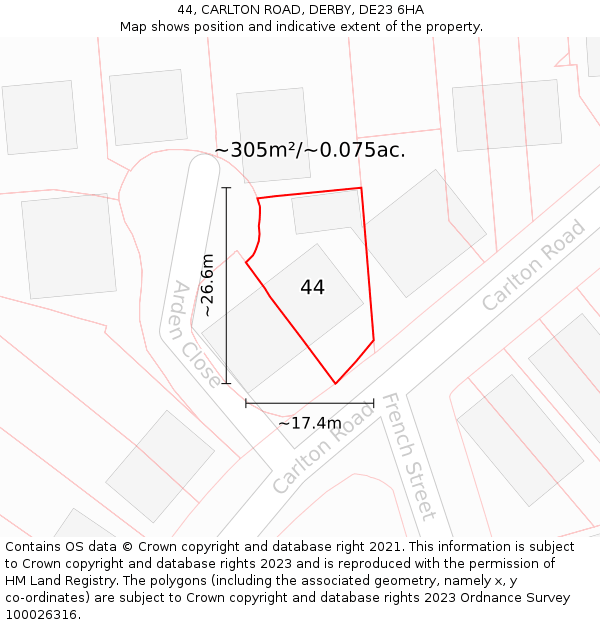 44, CARLTON ROAD, DERBY, DE23 6HA: Plot and title map