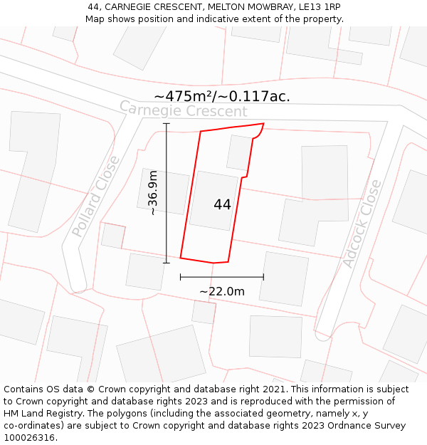 44, CARNEGIE CRESCENT, MELTON MOWBRAY, LE13 1RP: Plot and title map