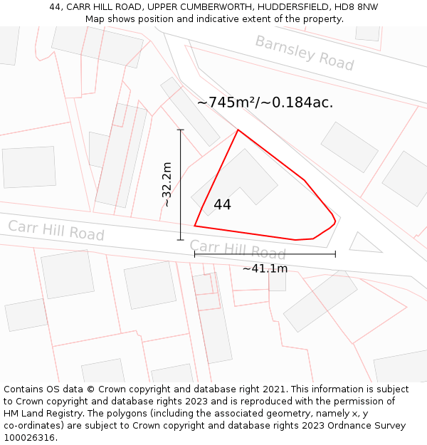 44, CARR HILL ROAD, UPPER CUMBERWORTH, HUDDERSFIELD, HD8 8NW: Plot and title map