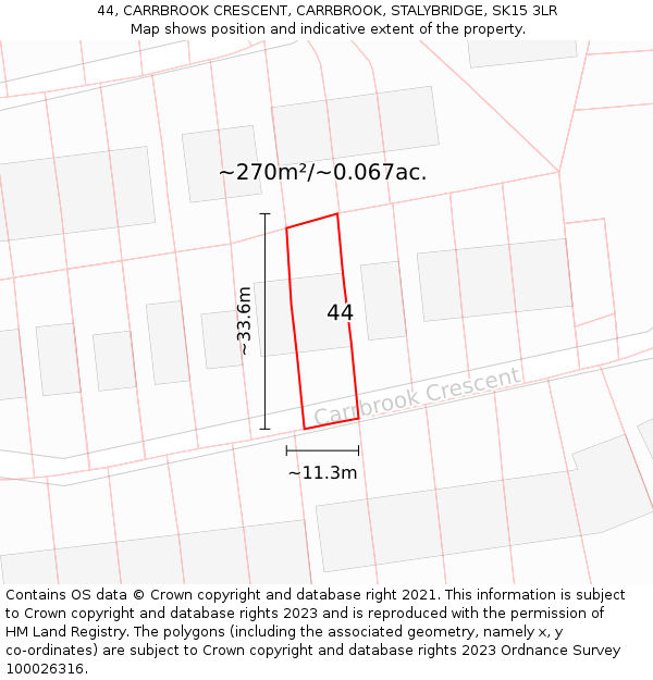 44, CARRBROOK CRESCENT, CARRBROOK, STALYBRIDGE, SK15 3LR: Plot and title map
