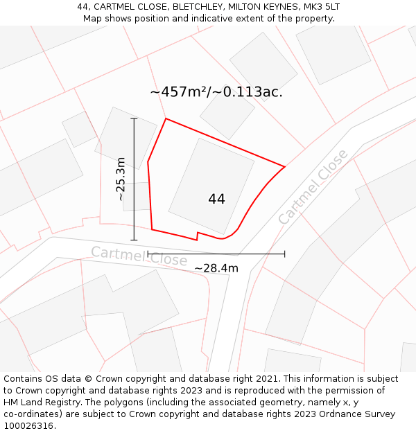 44, CARTMEL CLOSE, BLETCHLEY, MILTON KEYNES, MK3 5LT: Plot and title map