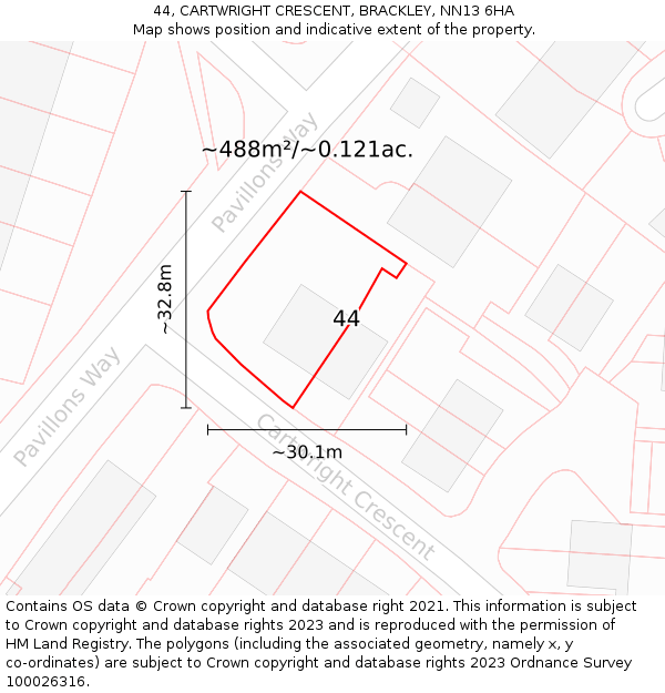44, CARTWRIGHT CRESCENT, BRACKLEY, NN13 6HA: Plot and title map